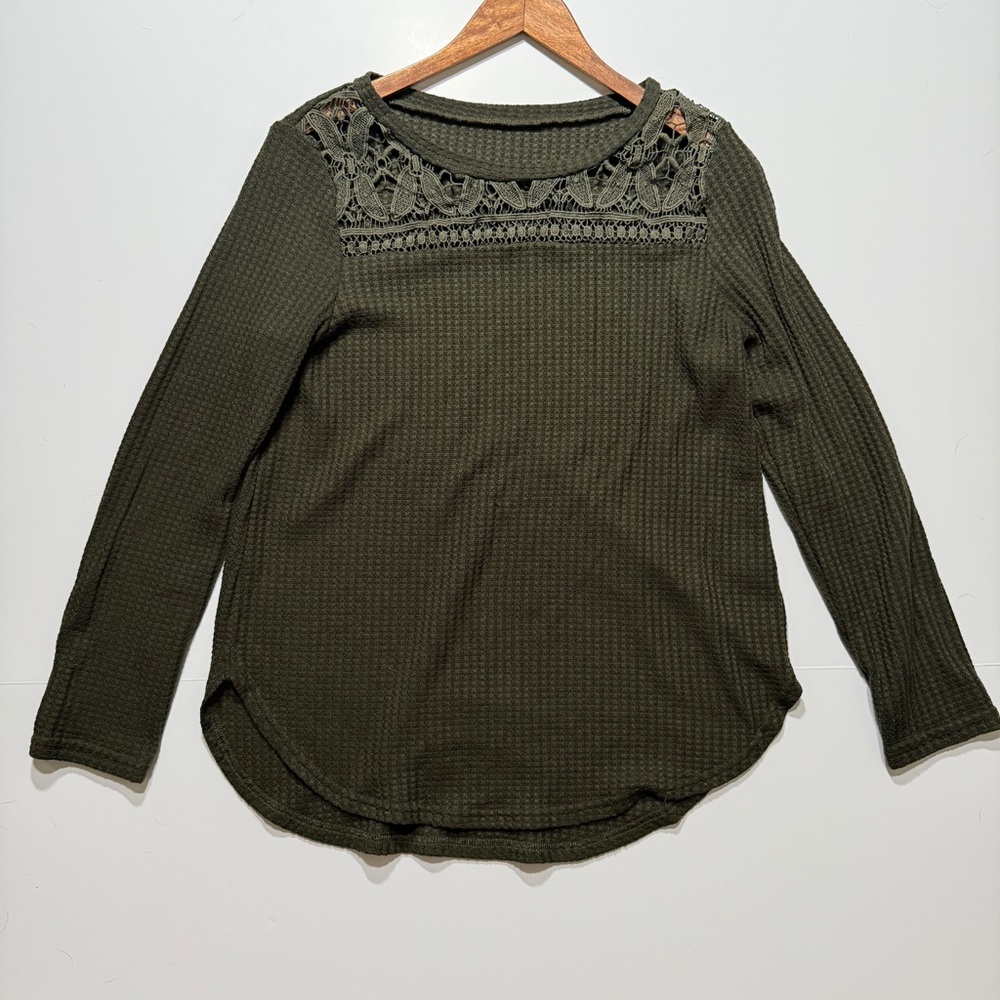 SHEIN Women's Long Sleeve Dark Green Top with Floral Lace Collar, Size S